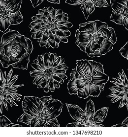 Seamless pattern of various garden flowers