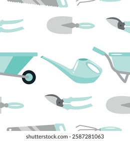 seamless pattern with various garden tools namely different shovels, rakes and scissors in blue color on white background, for packaging or textile