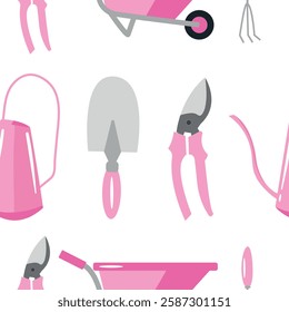 seamless pattern with various garden tools namely different spades, rakes and scissors in pink color on white background, for packaging or textile