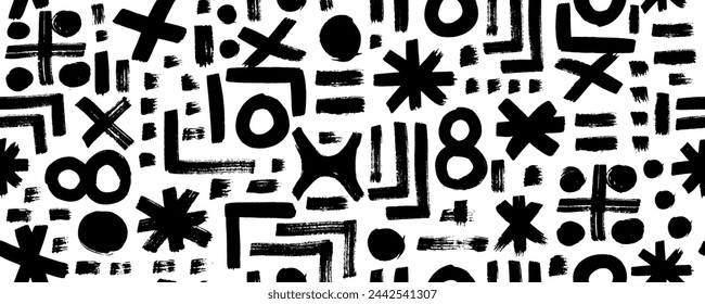 Seamless pattern with various geometric grunge  shapes. Bold brush drawn geometric figures and objects ornament. Arrow, circles, swirls, asterisk and curved bold lines. Hand drawn abstract pattern.
