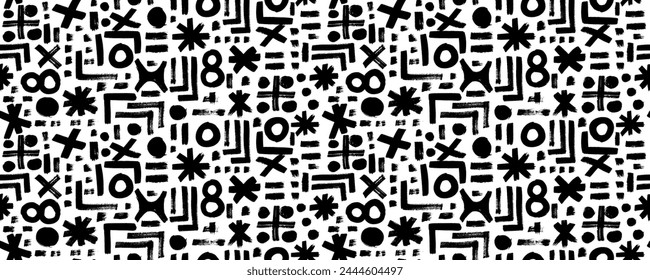 Patrón sin costuras con varias Formas geométricas de grunge. Pincel audaz dibujado figuras geométricas y objetos de adorno. Flecha, círculos, remolinos, asterisco y líneas curvas en negrita. Patrón abstracto dibujado a mano.
