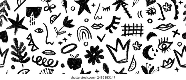 Seamless pattern with various geometric shapes and abstract faces in style doodle. Modern aesthetic print, minimalism, contour line art. Vector illustration.