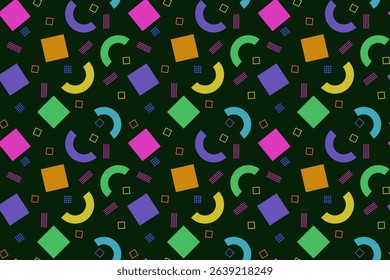 Seamless pattern with various geometric shapes in Memphis style. Bright, neon, multi-colored shapes on a blue background. Ideal for fabric design, paper printing and backgrounds. EPS10 vector file.