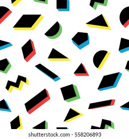 Seamless pattern with various geometric shapes in 90s style