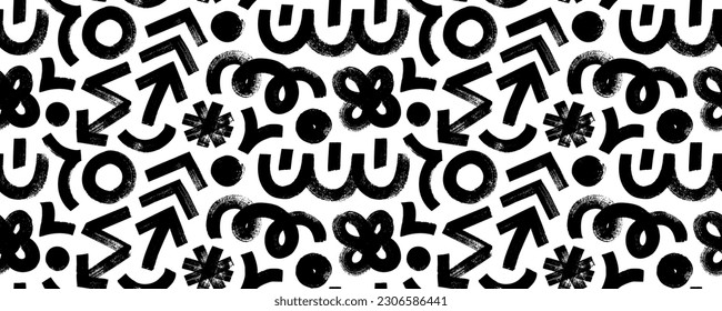 Seamless pattern with various geometric trendy shapes. Bold brush drawn geometric figures and objects ornament. Arrow, circles, swirls, asterisk and curved bold lines. Hand drawn abstract pattern.