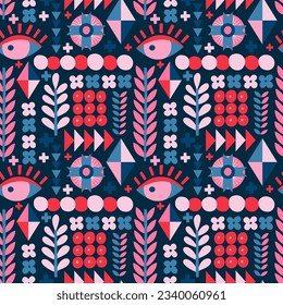 Seamless pattern with various geometric trendy shapes. Vector illustration, geometry graphics and abstract background. Pink and blue colors.