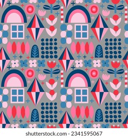 Seamless pattern with various geometric trendy shapes. Vector illustration, geometry graphics and abstract background. Pink and blue colors.