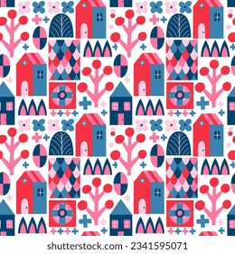 Nahtloses Muster mit verschiedenen geometrischen Formen. Vektorgrafik, Geometrie und abstrakter Hintergrund. Rosa und Blau.
