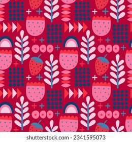Seamless pattern with various geometric trendy shapes. Vector illustration, geometry graphics and abstract background. Pink and blue colors.