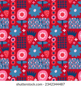 Seamless pattern with various geometric trendy shapes. Vector illustration, geometry graphics and abstract background. Pink and blue colors.