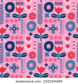 Seamless pattern with various geometric trendy shapes. Vector illustration, geometry graphics and abstract background. Pink and blue colors.