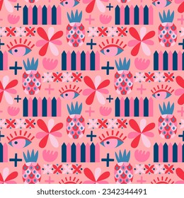Seamless pattern with various geometric trendy shapes. Vector illustration, geometry graphics and abstract background. Pink and blue colors.