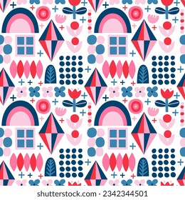 Seamless pattern with various geometric trendy shapes. Vector illustration, geometry graphics and abstract background. Pink and blue colors.