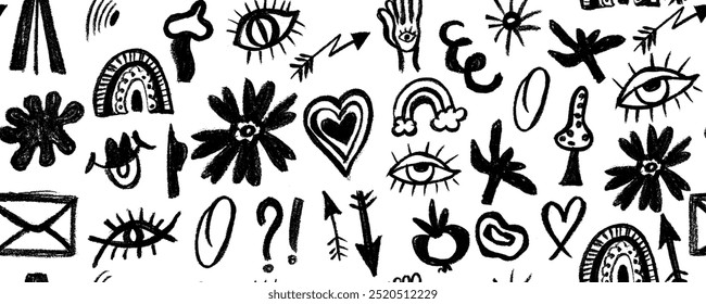 Seamless pattern with various geometric trendy shapes. Bold brush drawn objects ornament. Arrow, circles, eyes, swirls, asterisk and curved bold lines. Hand drawn abstract pattern.