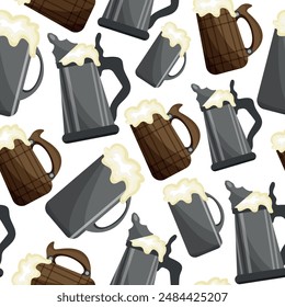 padrão sem costura de vários copos e cervejas em copos, nomeadamente copos stein, tankard e copo de madeira para vários desenhos, cartazes ou faixas