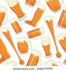 seamless pattern of various glasses and beers in glasses namely weitzen glasses, stein, tankard, sidel and tall glass yard for various designs, posters or banners