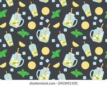 Seamless pattern with various glasses with lemonade, lemon slices, ice and mint on a black background. Vector illustration for print, textile, wrapping paper, wallpaper