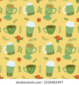 Seamless pattern with various green cups and bubble tea jars accomplished with floral elements on warm yellow background, creating cozy and refreshing design. Vector illustration in flat style