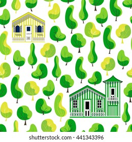 Seamless pattern with various green trees and residential houses. Repeating botanical background. Set of forest trees and villas. Vector illustration