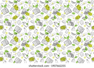 seamless pattern of various grocery items. sustainable, environmental and green concept. vintage doodle line art hand draw style 