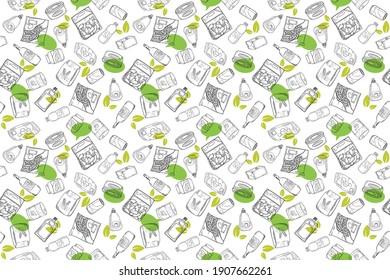 seamless pattern of various grocery items. sustainable, environmental and green concept. vintage doodle line art hand draw style 