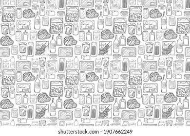 seamless pattern of various grocery items.package, box, can, pack, ingredient, fresh, food, vintage doodle line art hand draw style 