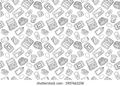 seamless pattern of various grocery items.package, box, can, pack, ingredient, fresh, food, vintage doodle line art hand draw style 