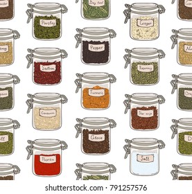 Seamless pattern with various ground spices or piquant condiments stored in glass jars on white background. Hand drawn vector illustration for wallpaper, wrapping paper, textile print, backdrop.