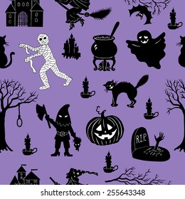 Seamless pattern with various Halloween characters and objects on purple background