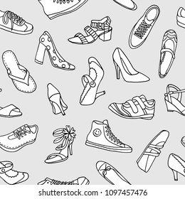 Seamless Pattern With Various Hand Drawn Shoes