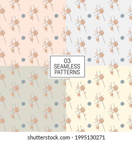 seamless pattern Various Hand drawn Shapes and Doodle objects. Set of  four  Colorful Abstract contemporary modern trendy Vector Seamless patterns. Wallpapers. Perfect for textile prints.