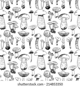 Seamless pattern with various hand drawn mushrooms in black and white