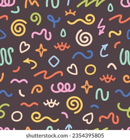 Seamless pattern with various hand drawn abstract shapes, strokes and doodles. Colorful abstract line doodle shapes. Vector illustration in flat style