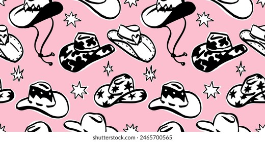 Seamless pattern with various hand drawn doodle ink brush trendy cowboy hats . Boho American western desert background.Vector funky illustration. 