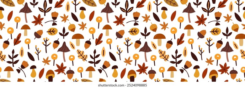 Seamless pattern with various hand drawn mushrooms, leaves, and acorns. Autumn, mushrooms. Vector illustration in flat style.