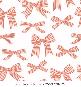 Seamless pattern with various hand drawn pink bows with red strip in coquette aesthetic, Trendy doodle pattern for girl