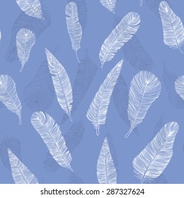 Seamless pattern with various hand drawn feathers on red background.