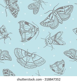 Seamless pattern with various hand drawn ink moths 3