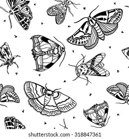 Seamless pattern with various hand drawn ink moths 2