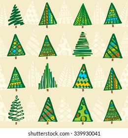 Seamless pattern with various hand drawn christmas trees, pattern for wallpaper, fabric or wrapping paper