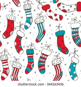 Seamless pattern with various hand drawn Christmas socks.