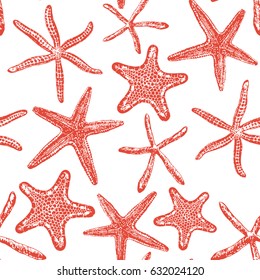 Seamless pattern with various hand - drawn sea stars