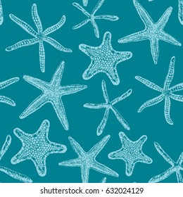 Seamless pattern with various hand - drawn sea stars