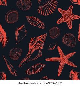 Seamless pattern with various hand - drawn seashells and starfish