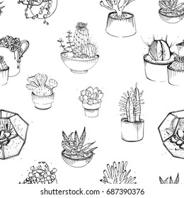Seamless pattern with various hand drawn succulents and cactus in plant pots. Black and white vector illustration on white background. 