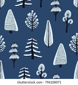 Seamless pattern with various hand drawn winter trees covered by snow on blue background. Backdrop with cartoon snowy forest. Modern vector illustration for wallpaper, wrapping paper, textile print.