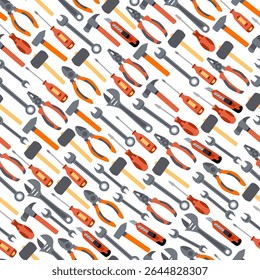 Seamless pattern with various hand tools including pliers, screwdrivers, hammers, utility knives, and wrenches. Hand drawn flat style illustration for for textile prints, wrapping paper