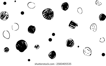 A seamless pattern of various hand-drawn black circles and dots on a white background, creating a playful and artistic design.