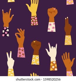 Seamless pattern with various hands gestures.