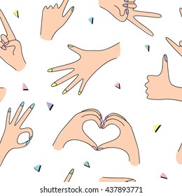 Seamless pattern with various hands gestures in bright retro style 3